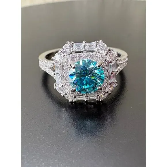 Stunning 2ct Aquamarine & White Moissanite Sterling Ring - Picture 5 of 9